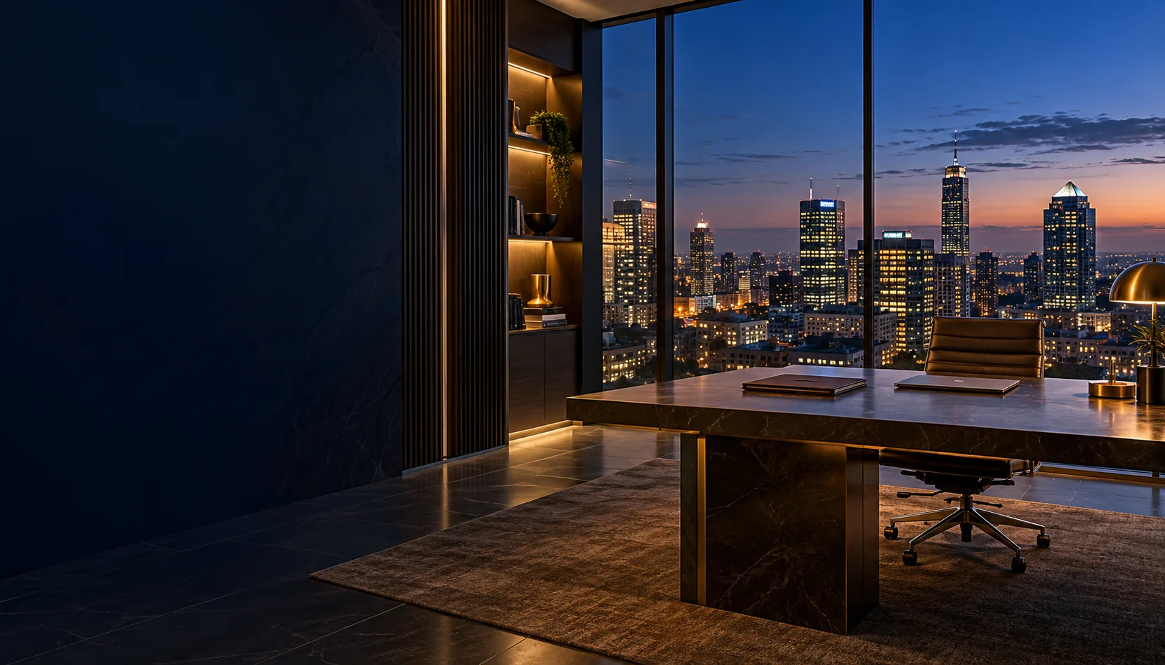 Illustrative city office in the SGBS navy and gold palette